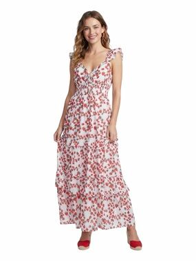 Betsey Johnson Strawberry Print Smocked Cotton Maxi Dress White Red Size XL